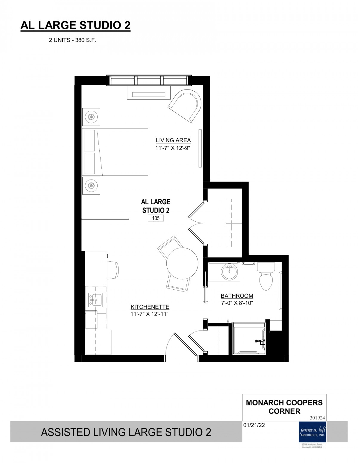 A floor plan of a one-bedroom apartment featuring a living area, kitchen, and bathroom.