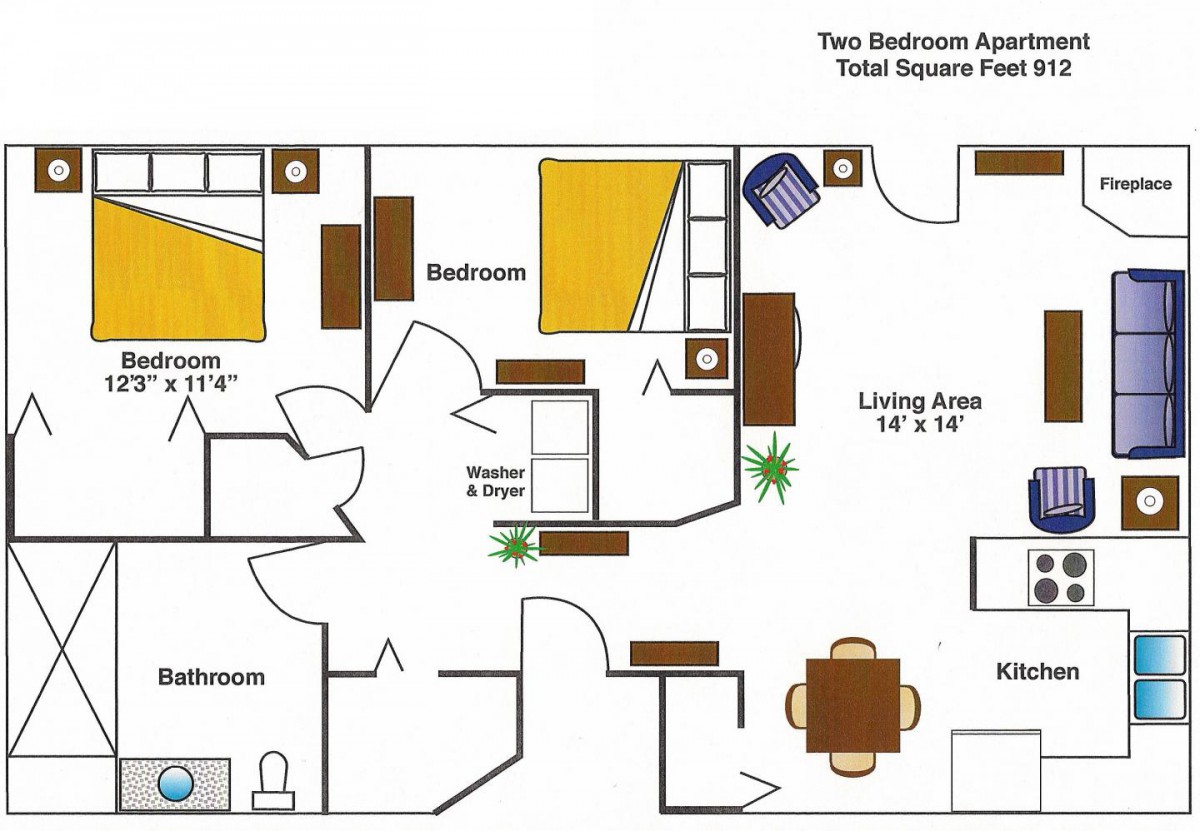 A floor plan of a two-bedroom apartment, including a living area, kitchen, and bathroom.