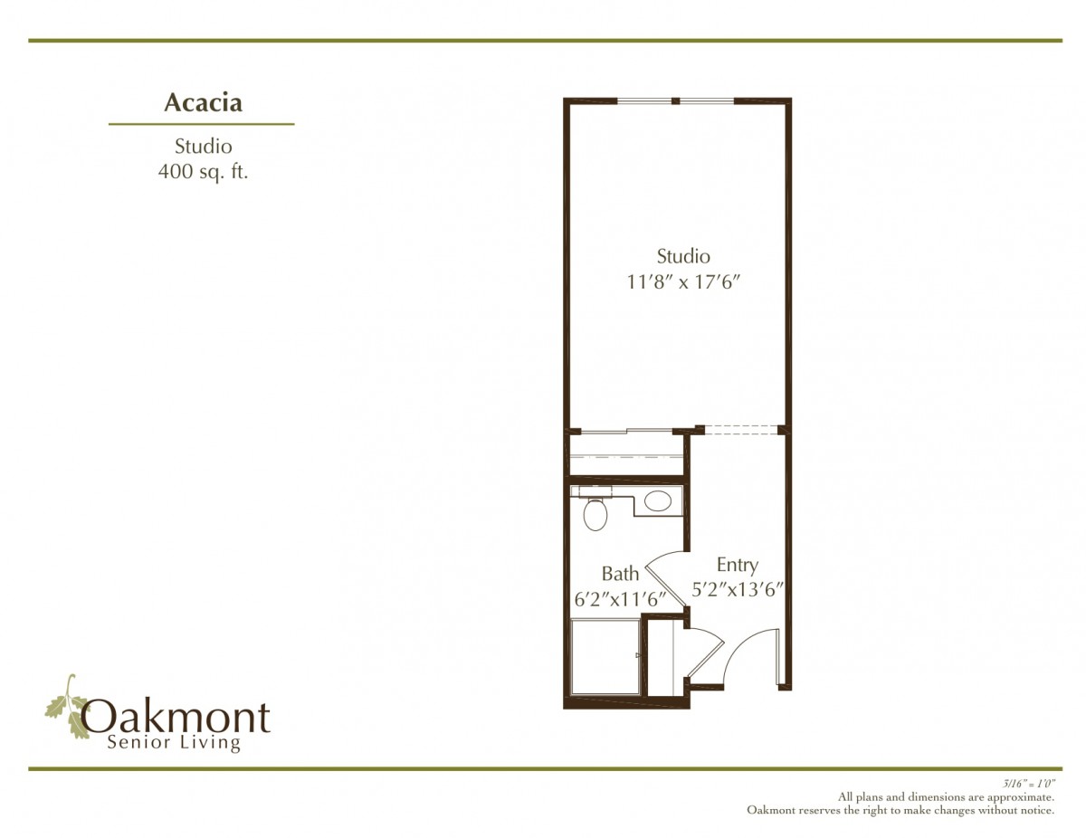 Studio apartment floor plan with labeled rooms and dimensions.
