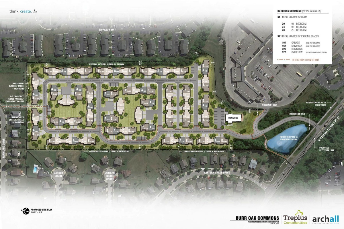 Architectural site plan showing the layout of a residential development with buildings and green spaces.