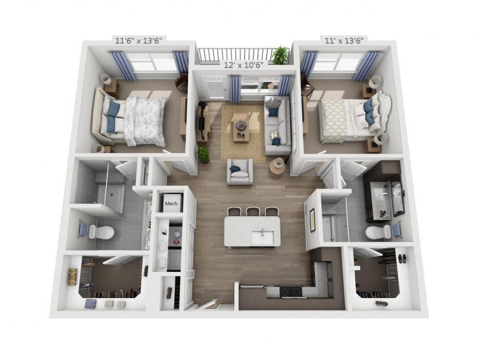 A 3D floor plan of a modern two-bedroom apartment featuring an open-concept living area and kitchen with an island, as well as a balcony.