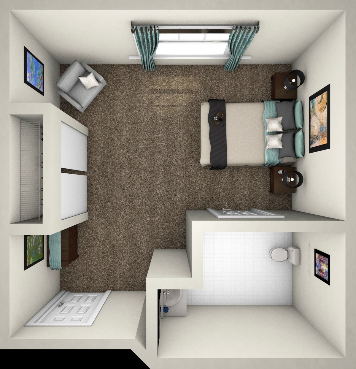 A 3D top-down view of a small bedroom with a bed, side tables, wardrobe, and an armchair.
