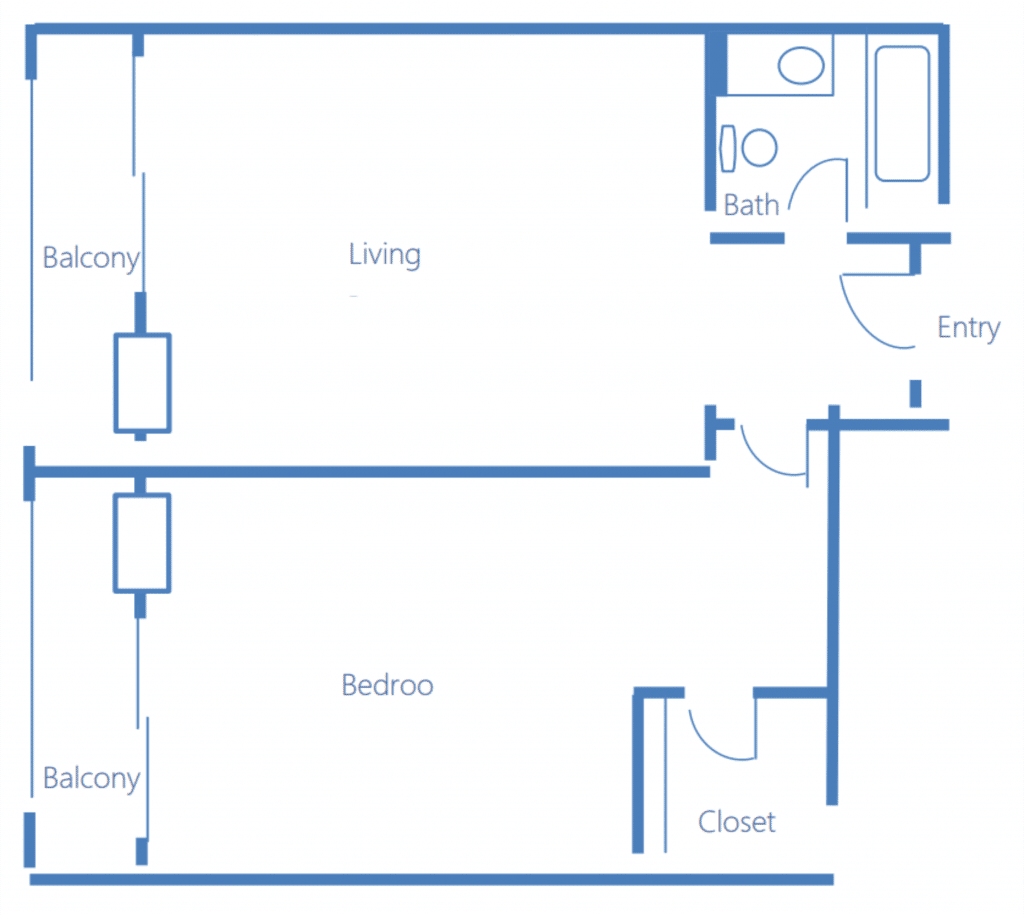 A floor plan of a one-bedroom apartment featuring a living room, bedroom, bathroom, and two balconies.