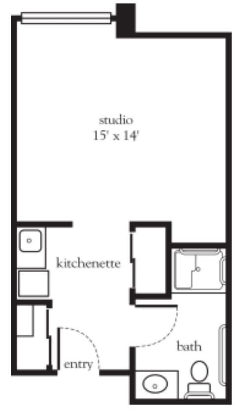 Studio apartment floor plan with kitchenette.