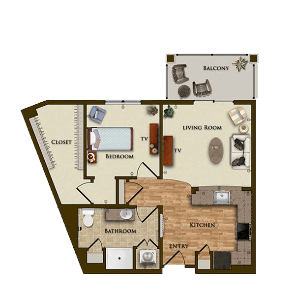 A one-bedroom apartment floor plan with a kitchen, bathroom, and balcony.