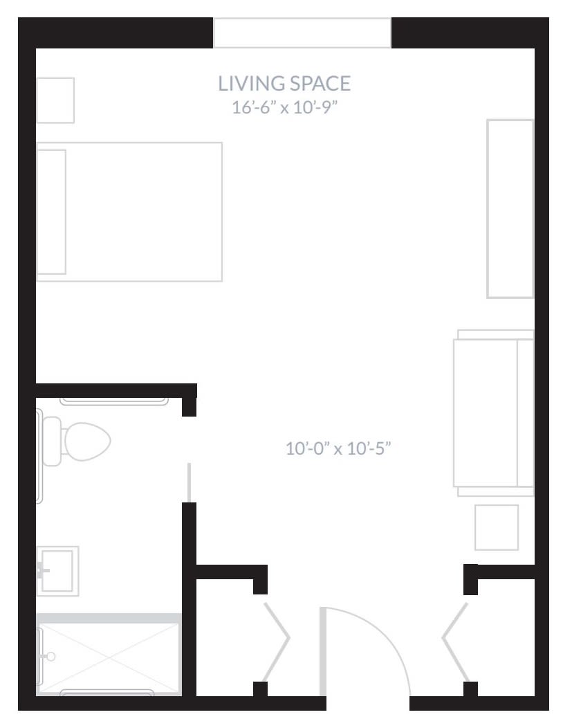 Studio apartment floor plan with designated living and sleeping areas.