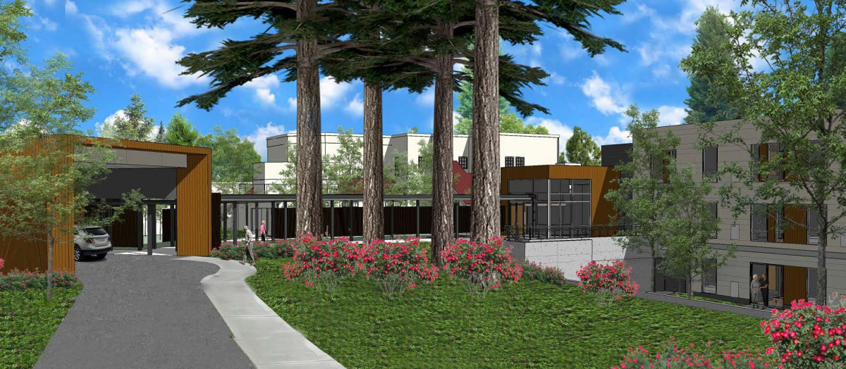 A well-landscaped park area with tall trees and a modern building in the background.