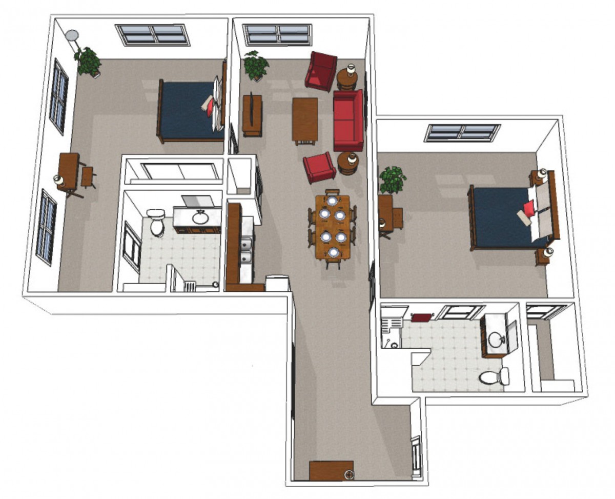 A 3D rendered floor plan of an apartment showing two bedrooms, a living area, and bathrooms.