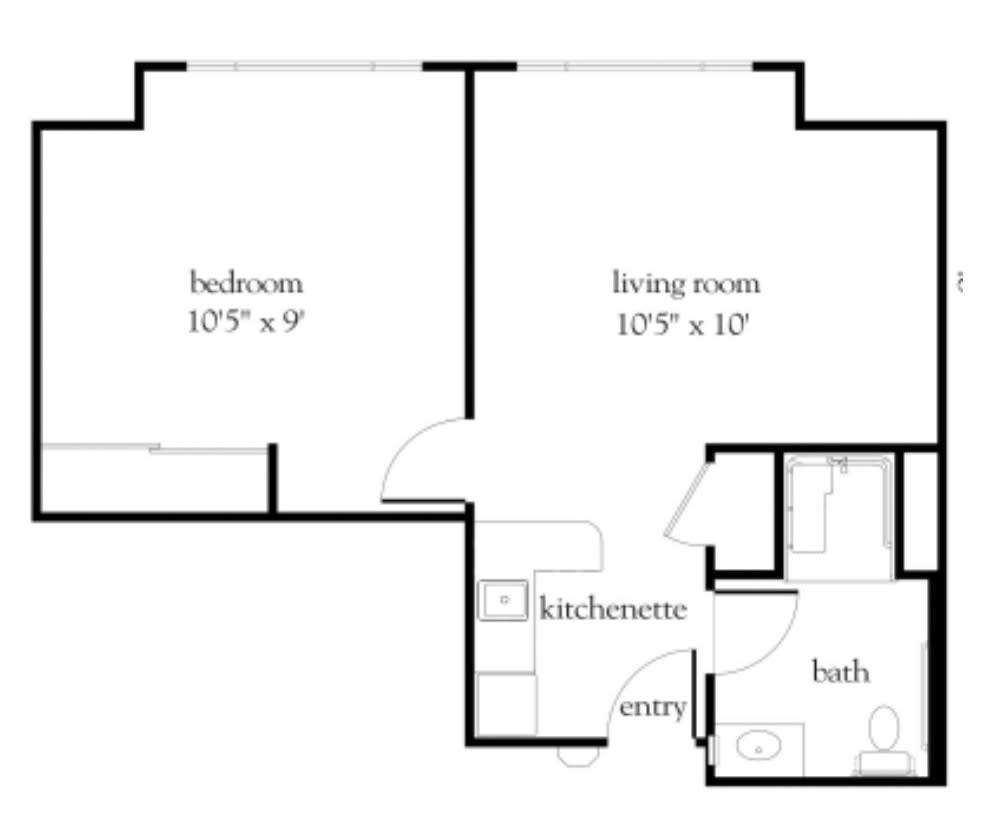 A simple one-bedroom apartment floor plan showing the arrangement of rooms including a living room, kitchenette, bedroom, and bathroom.