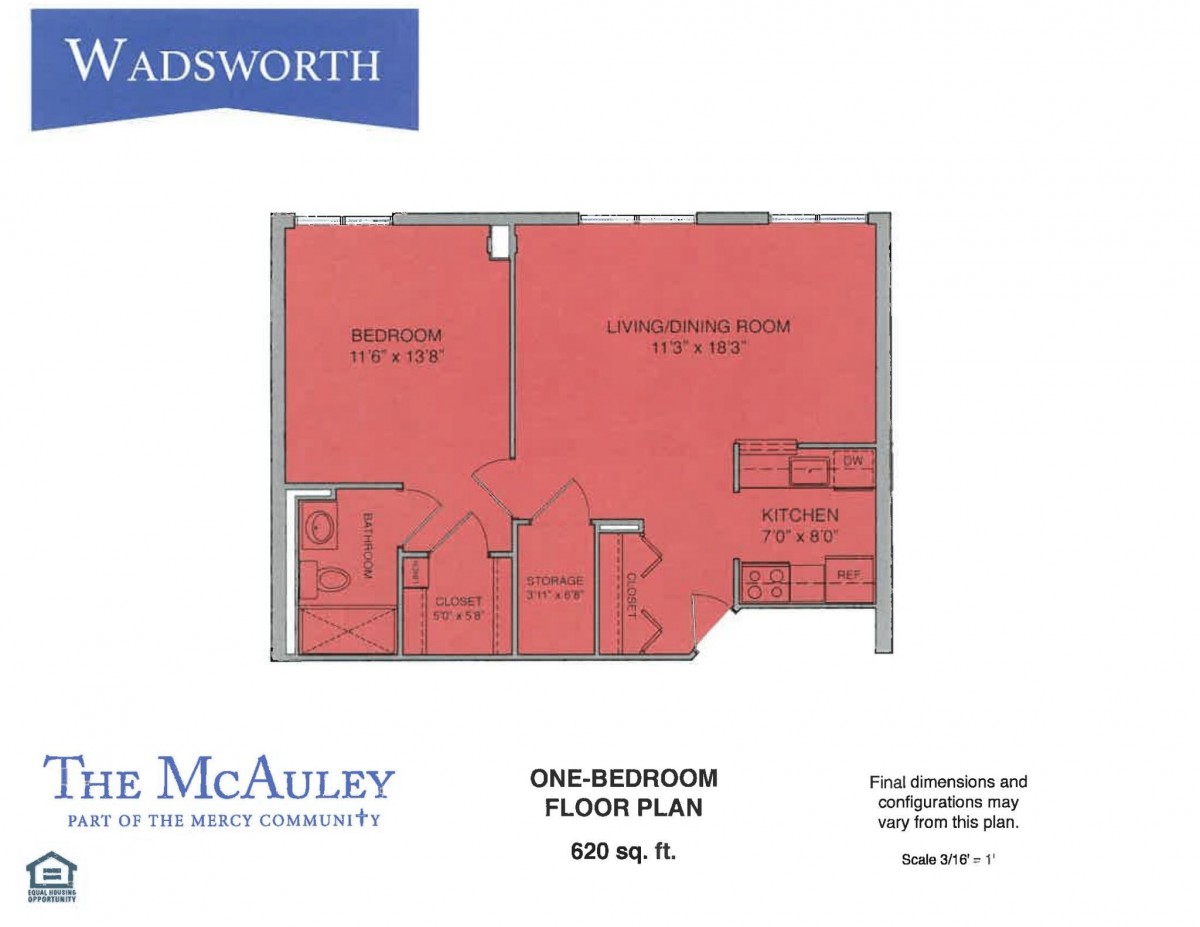 A one-bedroom apartment floor plan with an area of 530 square feet from McAuley, featuring labeled rooms and dimensions.