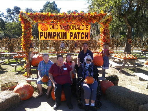 A joyful group of people enjoying a day at Old McDonald's Pumpkin Patch, surrounded by pumpkins and autumn decor.