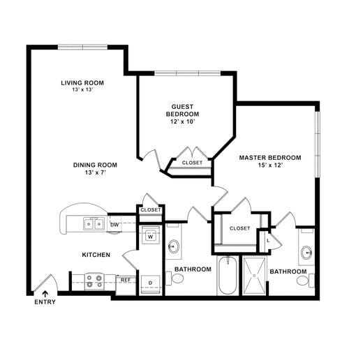 A floor plan depicting a two-bedroom apartment layout with labeled rooms including the kitchen, living room, dining room, and two bathrooms.