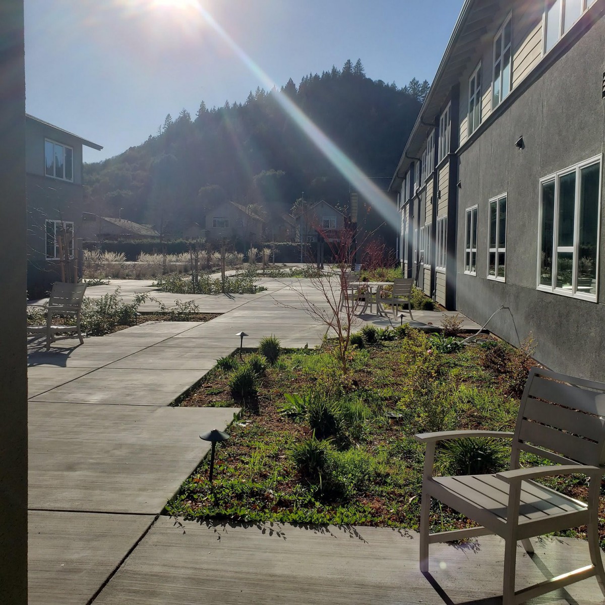 A sunny courtyard with pathways, surrounded by buildings and mountains in the background.