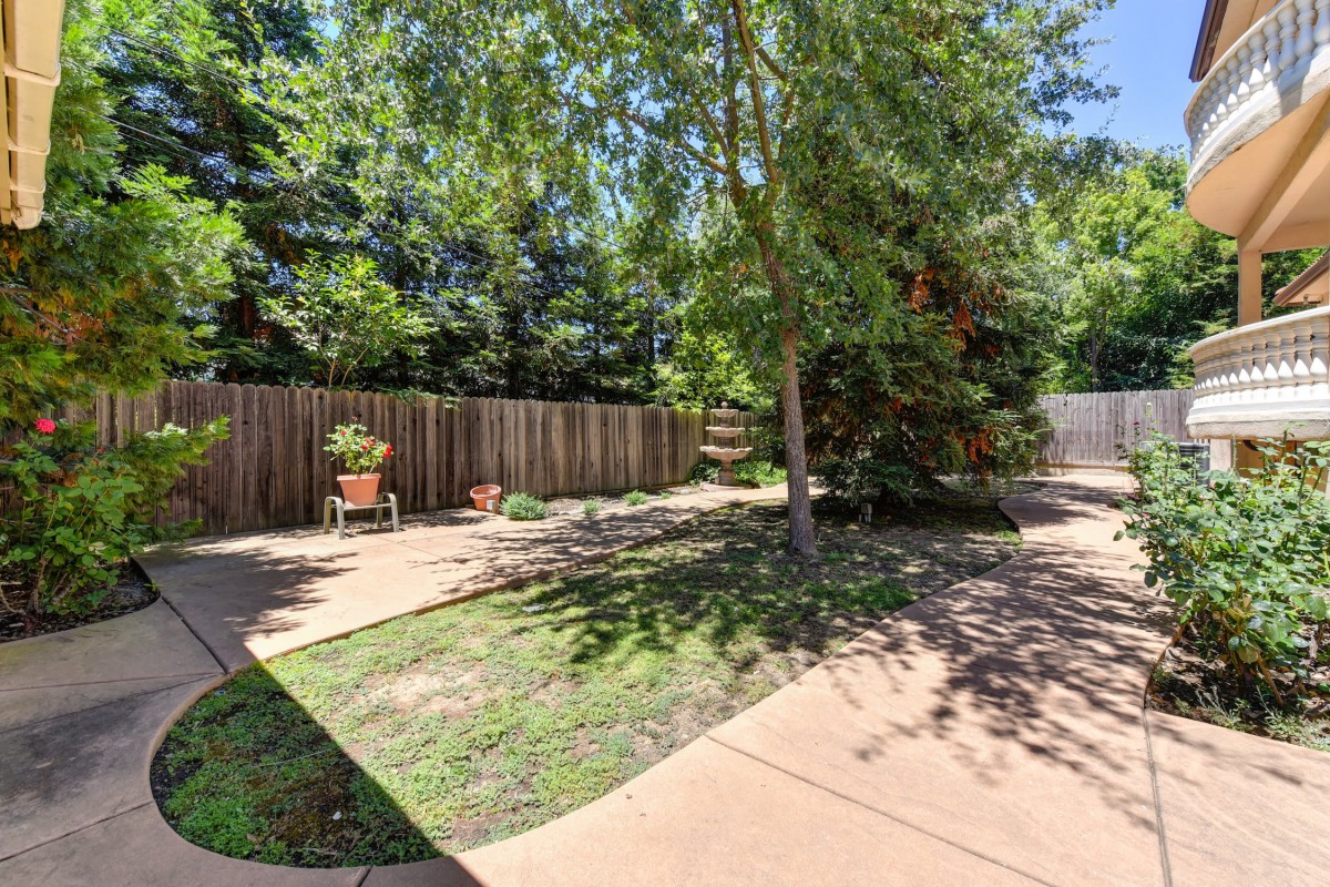 A serene backyard with a paved patio, surrounded by lush trees and plants.