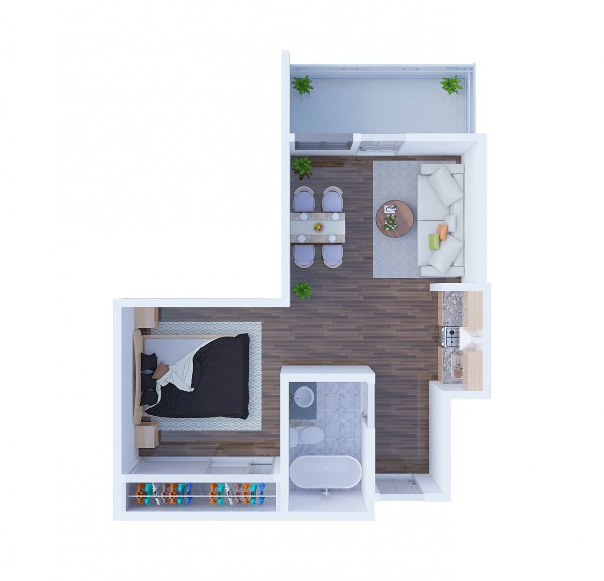 A modern L-shaped apartment floor plan featuring a bedroom, bathroom, and an open living-dining area.