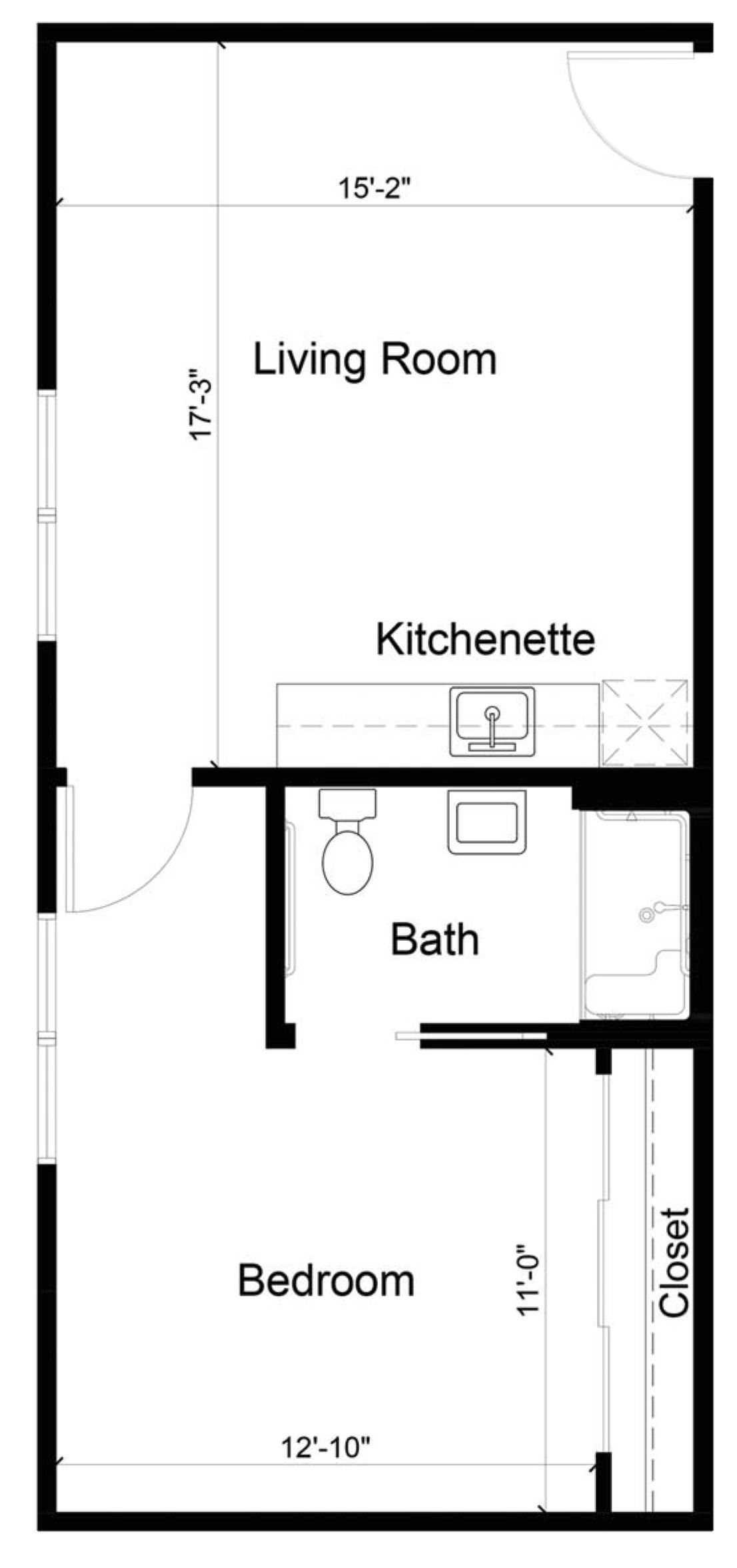 A simple floor plan showing a kitchenette and bathroom layout.