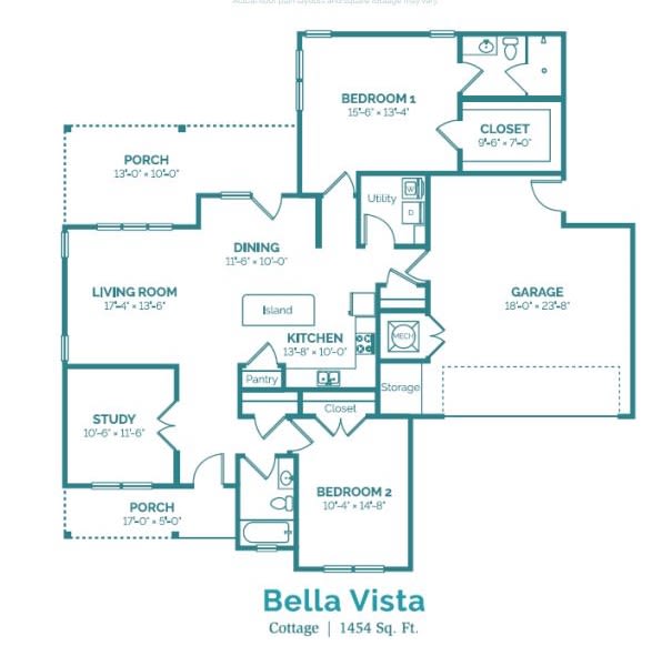 Floor plan of a house named Bella Vista, showcasing its layout and room dimensions.