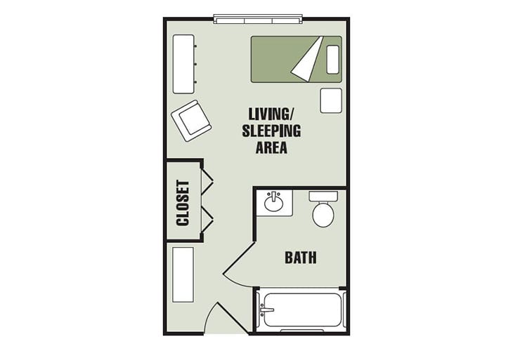 A floor plan of a studio apartment with a combined living and sleeping area, closet, and bathroom.