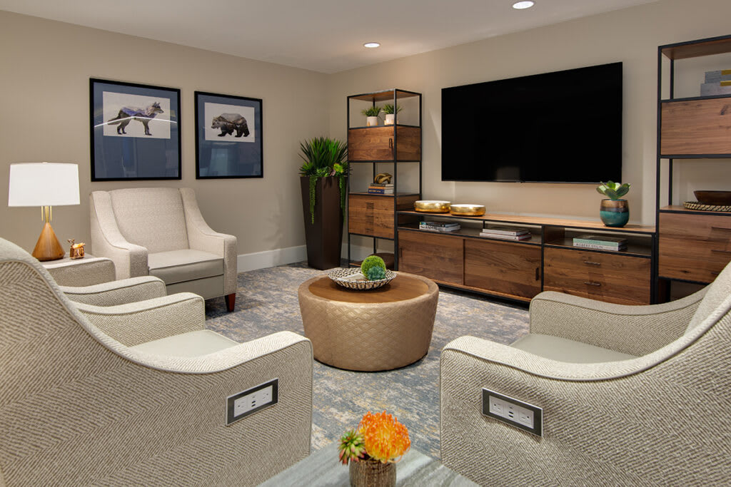 A modern living room with comfortable seating, a large TV, and elegant decor.