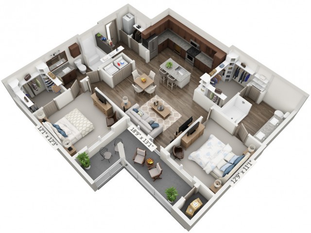A detailed 3D floor plan of a modern apartment featuring two bedrooms, a kitchen, living room, and bathrooms.