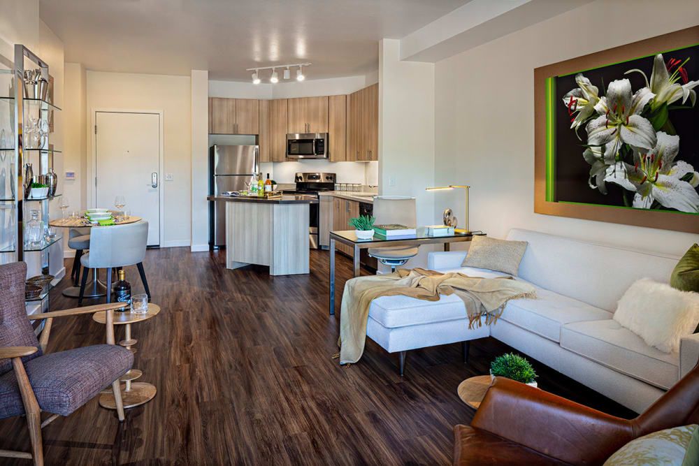 A modern open-concept living space with a corner sofa and integrated kitchen area.