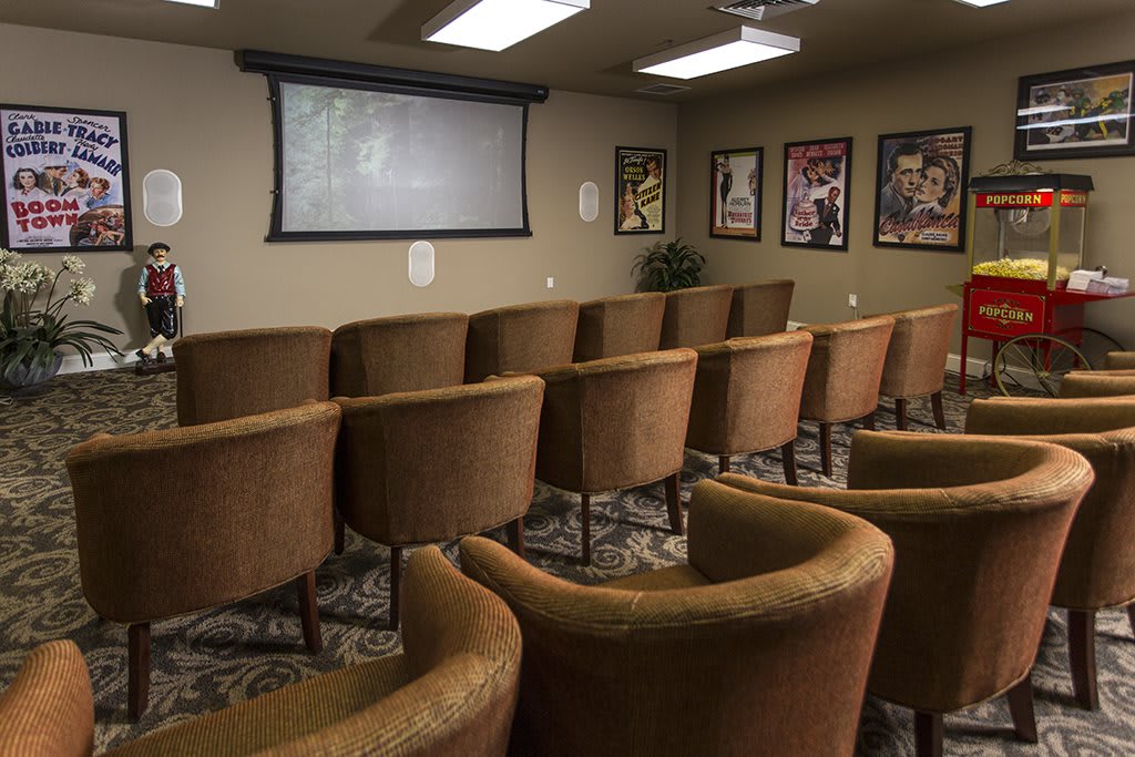 A cozy home theater room featuring rows of comfortable seats, a projector screen, and movie posters on the walls.