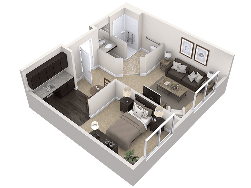 A 3D floor plan of a one-bedroom apartment featuring a living room, kitchen, and bathroom.