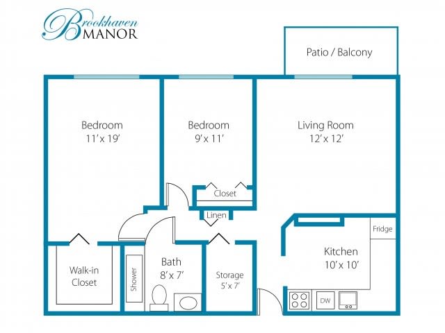 A floor plan of a two-bedroom apartment with labeled rooms, including a living room, kitchen, and bathroom.