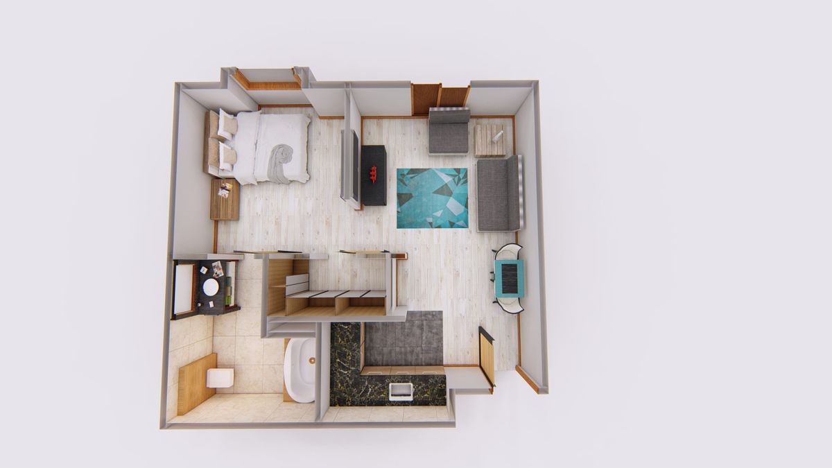A 3D floor plan of a compact one-bedroom apartment featuring a living area, kitchen, bathroom, and bedroom.