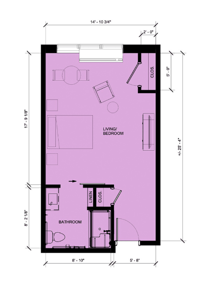 A floor plan depicting a room layout with dimensions and furniture arrangement.