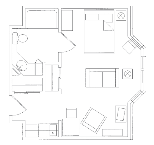 A detailed floor plan of a small apartment, showing the layout of bedroom, bathroom, and living area.