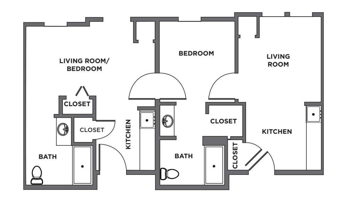 A detailed floor plan of an apartment, showing the arrangement of rooms including bedrooms, kitchen, living room, and closets.