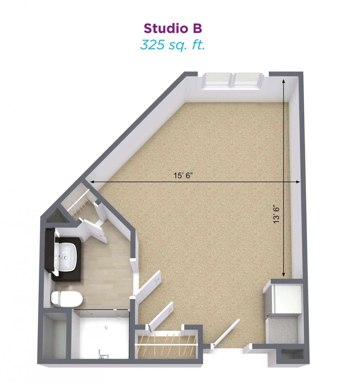 3D floor plan of Studio B, measuring 328 sq. ft.