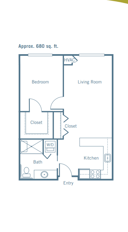 A floor plan of a one-bedroom apartment featuring a living room, kitchen, bathroom, and closets.