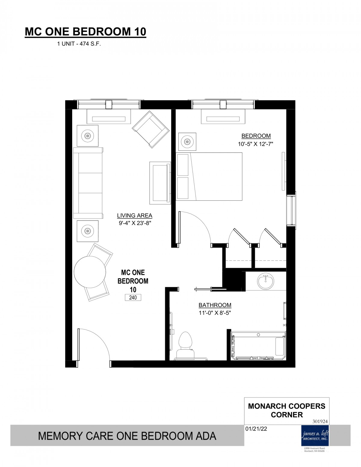 A simple floor plan of a two-bedroom apartment featuring a living room, kitchen, and bathroom.