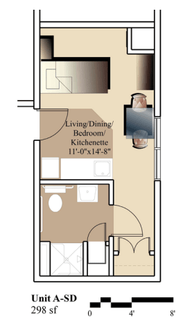 Floor plan of a studio apartment with combined living, dining, bedroom, and kitchenette area.