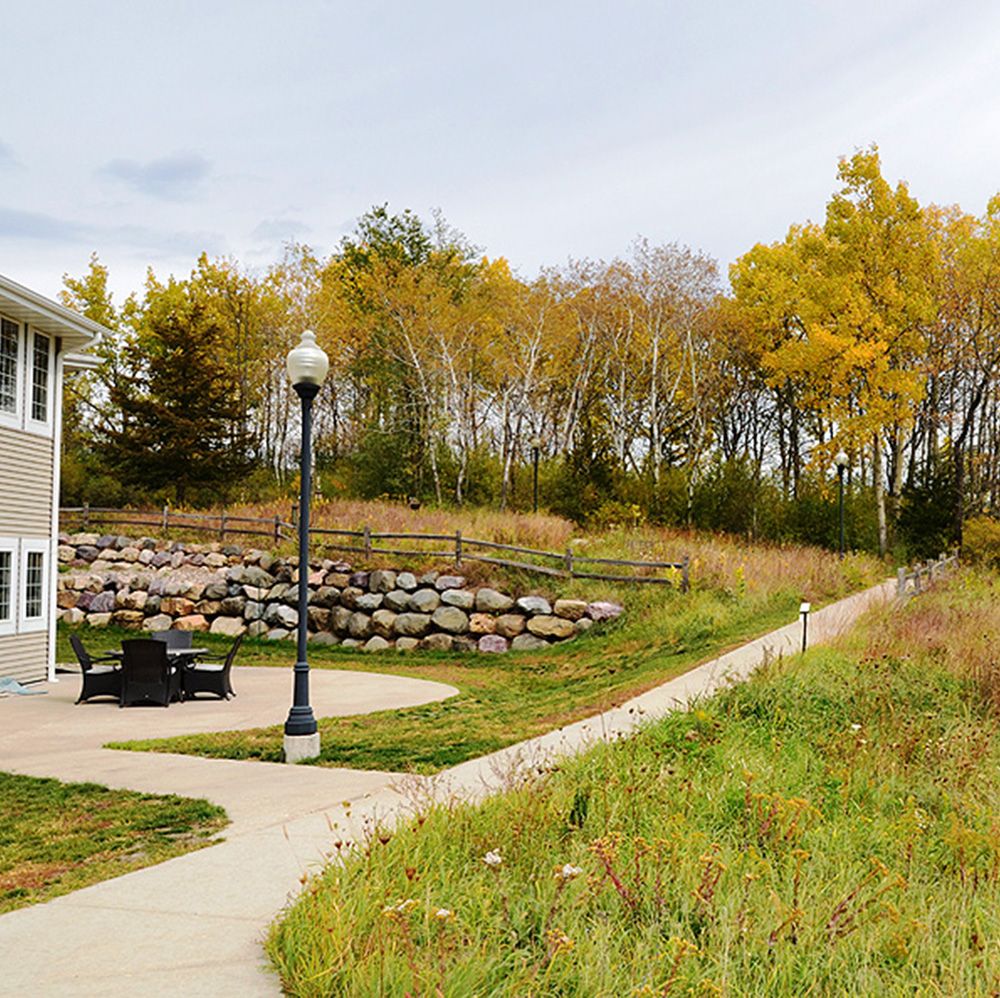 A scenic outdoor path lined with autumn trees near a building.