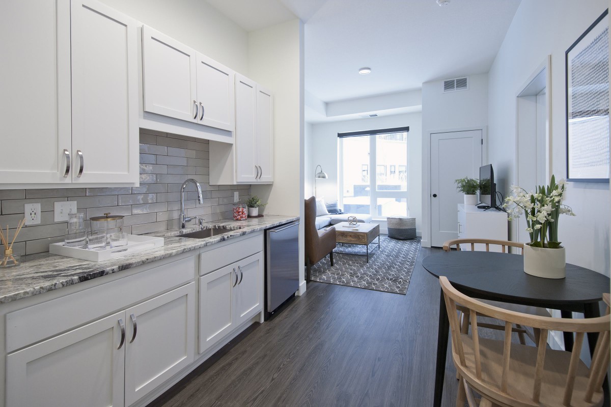 A modern apartment with an open floor plan featuring a compact kitchen and cozy living area.