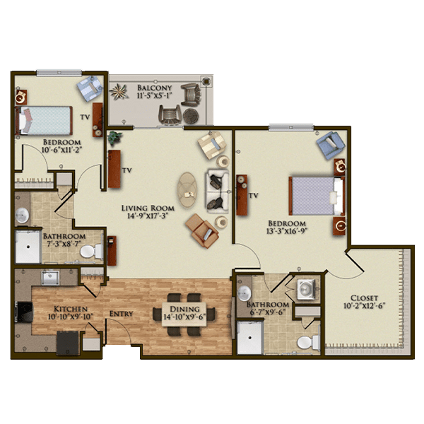 A 3D rendered floor plan of a two-bedroom apartment with labeled rooms and furnishings.