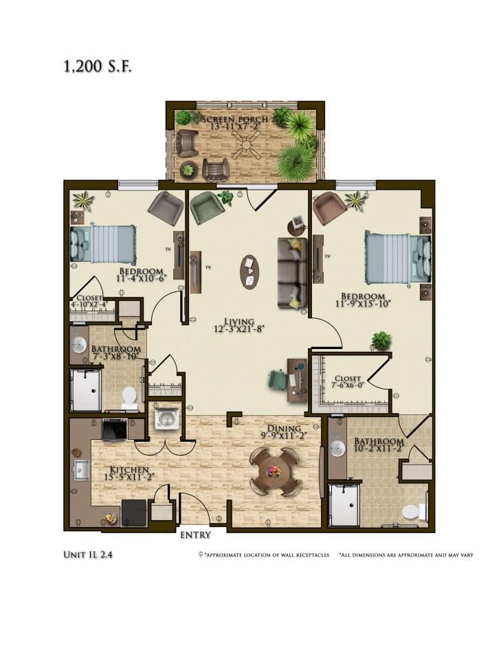 A detailed floor plan of a two-bedroom apartment with labeled rooms including a living room, kitchen, and bathroom.