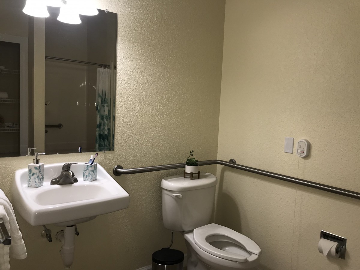 A bathroom with a sink, toilet, and mirror, featuring handrails for accessibility.