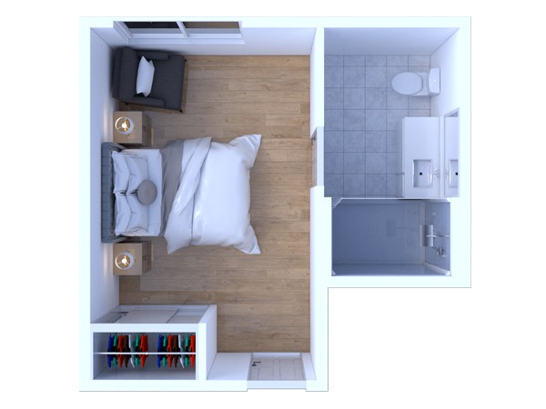 A 3D floor plan of a compact bedroom with an attached bathroom.