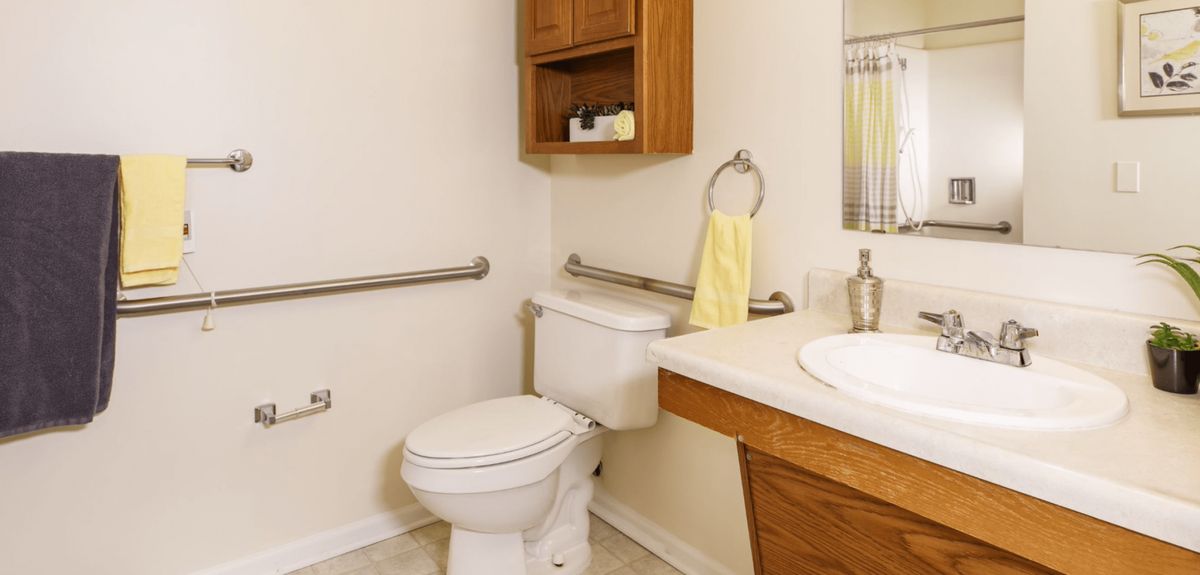A well-equipped bathroom with a toilet, sink, and safety handrails.