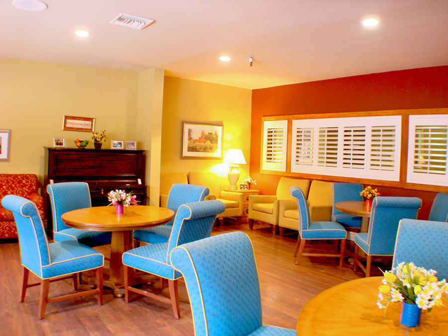 A cozy dining area with vibrant blue chairs, wooden tables, and warm lighting.