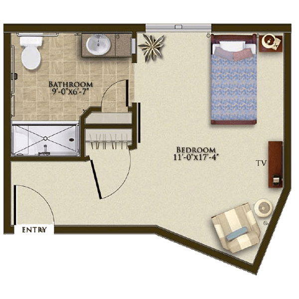 Floor plan of a studio apartment with designated areas for bedroom and bathroom.