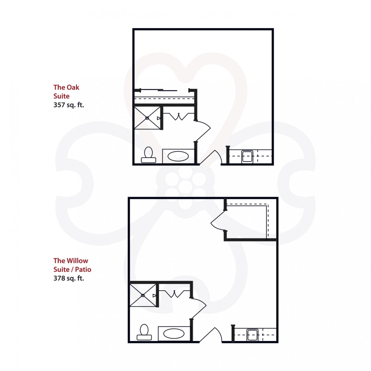 Blueprints of two studio apartments, showing different layouts with square footage.