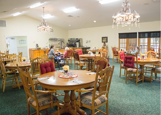 A cozy dining area with wooden tables and chairs, illuminated by elegant chandeliers.
