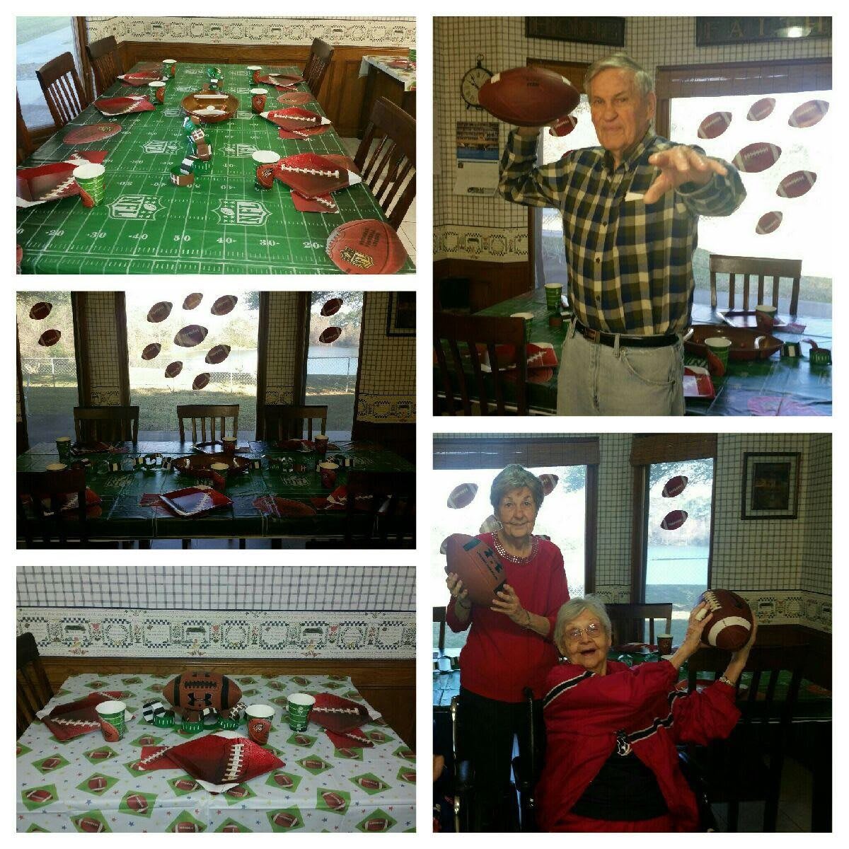 A festive football-themed party with decorations and guests enjoying the event.