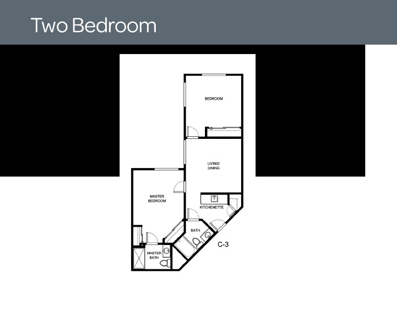A layout of a two-bedroom apartment floor plan.