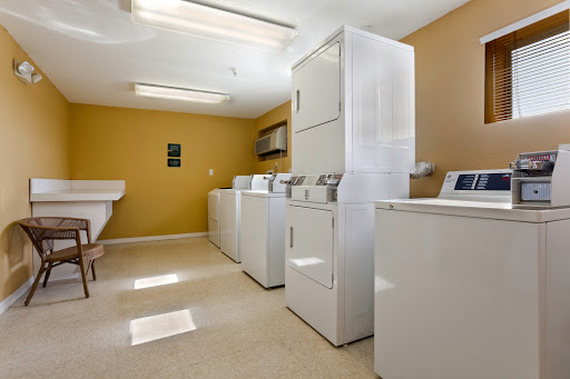 A well-equipped laundry room featuring multiple washing machines and dryers.